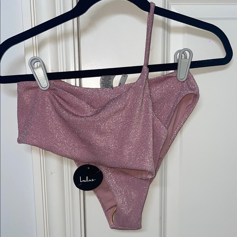Lulu's Pink Glitter One-Shoulder 2 piece swimsuit